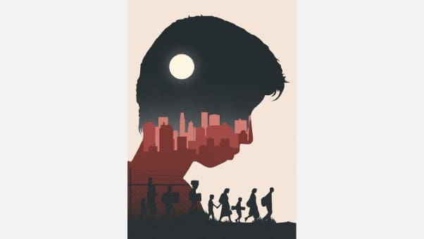 A poster of people walking in front of a city.